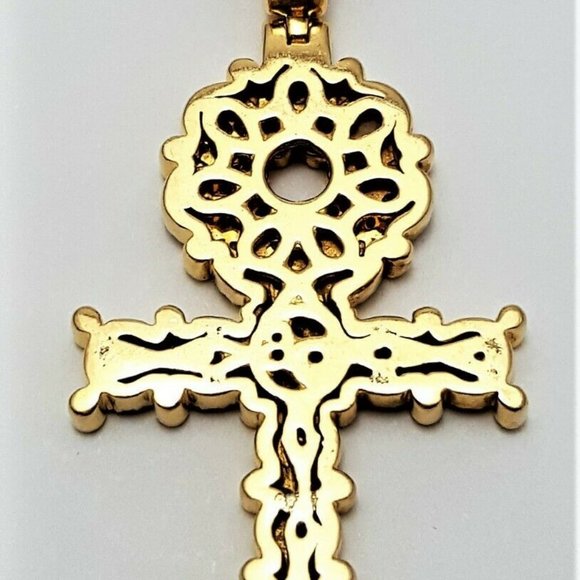 Unique 14K Karat Solid Yellow Gold Designer Ankh Cubic Zirconia Charm Pendant - Picture 5 of 10